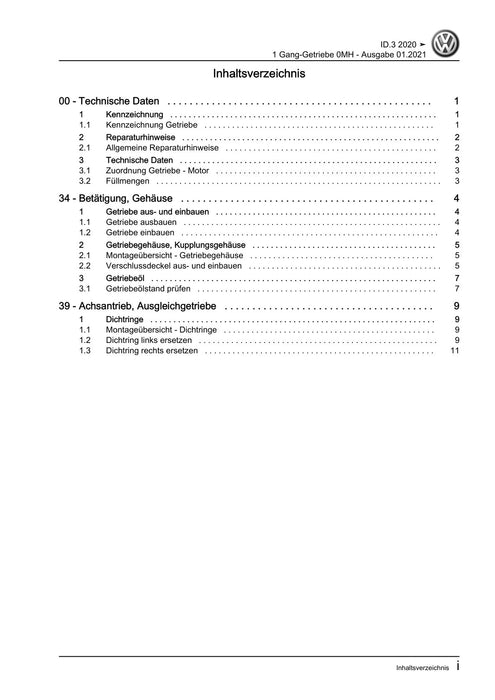 ID.3 (2020+) Reparaturanleitung 1 Gang-Getriebe 0MH