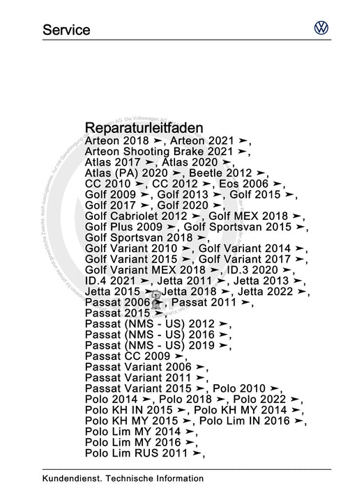 Passat (2011+) Passat-Passat Variant Reparaturanleitung Handbuch zur Lokalisierung von Wassereintritten