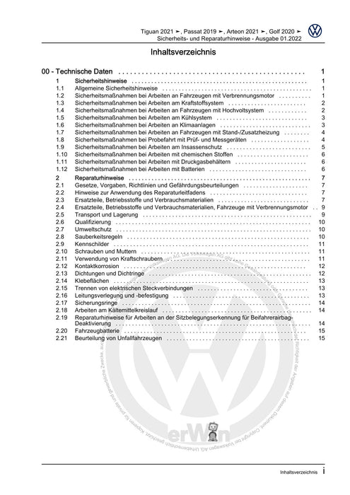 Passat (2019+) Reparaturanleitung Sicherheits- und Reparaturhinweise