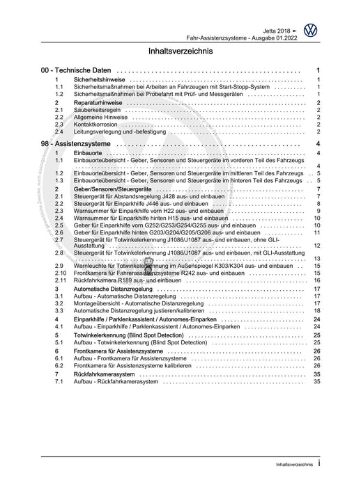 Jetta (2014+) Reparaturanleitung Fahr-Assistenzsysteme