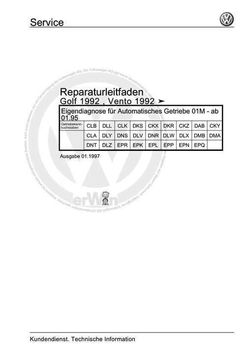 Golf Cabriolet (1994 - 2002) Reparaturanleitung Eigendiagnose für Automatisches Getriebe 01M - ab 01.95