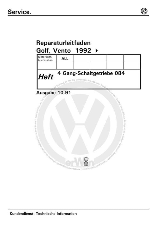 Golf Cabriolet (1994 - 2002) Reparaturanleitung 4 Gang Schaltgetriebe s084 APY CDE