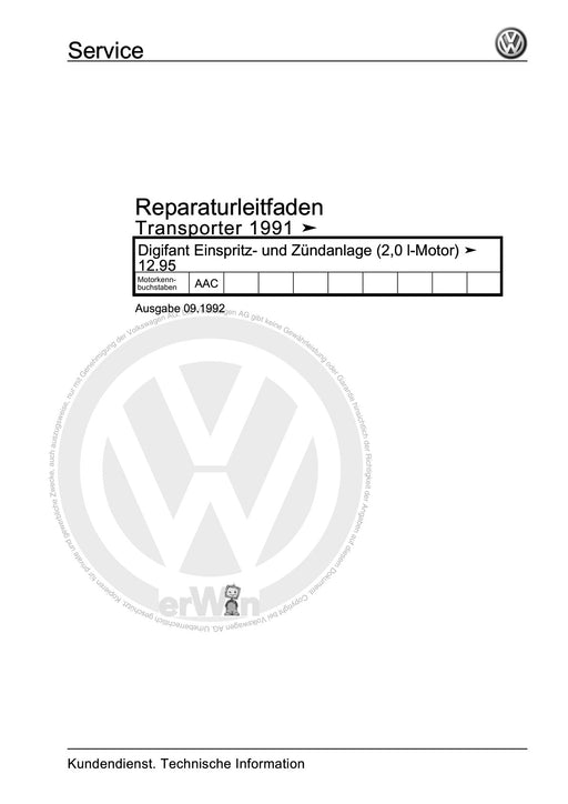 Transporter (1991 - 1996) Reparaturanleitung Digifant Einspritz- und Zündanlage (2,0 l-Motor) ä 12.95