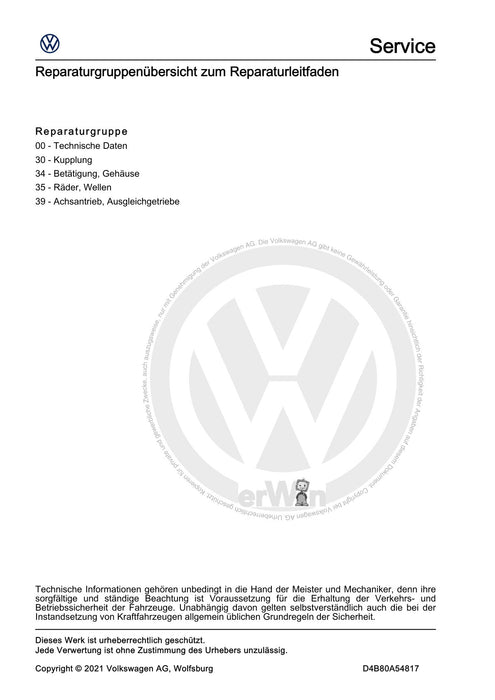 Caddy (2021+) Reparaturanleitung 7 Gang-Doppelkupplungsgetriebe 0GC