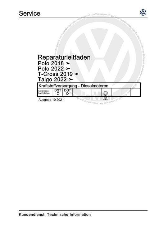 T-Cross (2019+) Reparaturanleitung Kraftstoffversorgung - Dieselmotoren