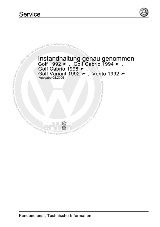 Golf III (1992 - 1999) Golf-Golf Variant-Vento Maintenance handbook (IGG) Instandhaltung genau genommen