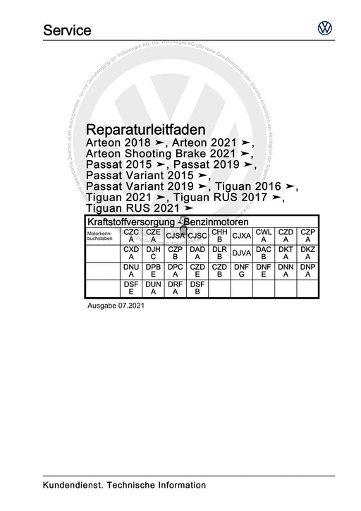 Arteon (2021+) Reparaturanleitung Kraftstoffversorgung - Benzinmotoren
