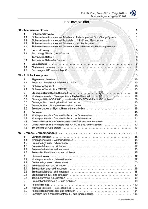 Polo 2018 - 2021 Reparaturanleitung Bremsanlage