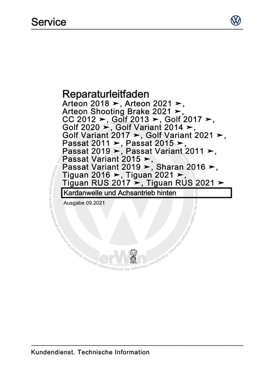 Arteon (2018 - 2020) Reparaturanleitung Kardanwelle und Achsantrieb hinten