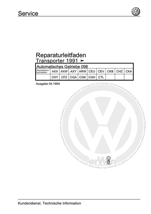 Transporter (1996 - 2003) Reparaturanleitung Automatisches Getriebe 098
