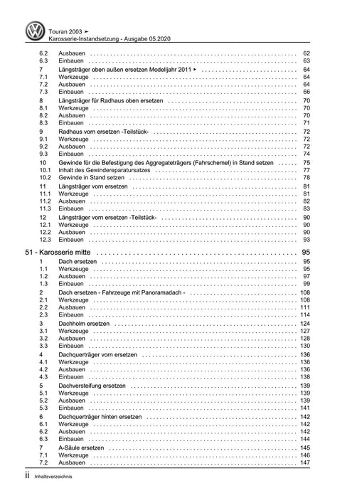 Touran (2003 - 2015) Reparaturanleitung Karosserie-Instandsetzung
