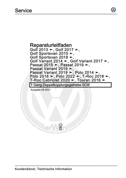 Polo 2022 Reparaturanleitung 7 Gang-Doppelkupplungsgetriebe 0CW