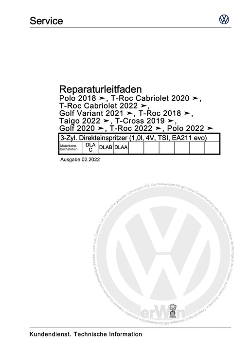 Polo 2018 - 2021 Reparaturanleitung 3-Zyl. Direkteinspritzer (1,0l, 4V, TSI, EA211 evo)