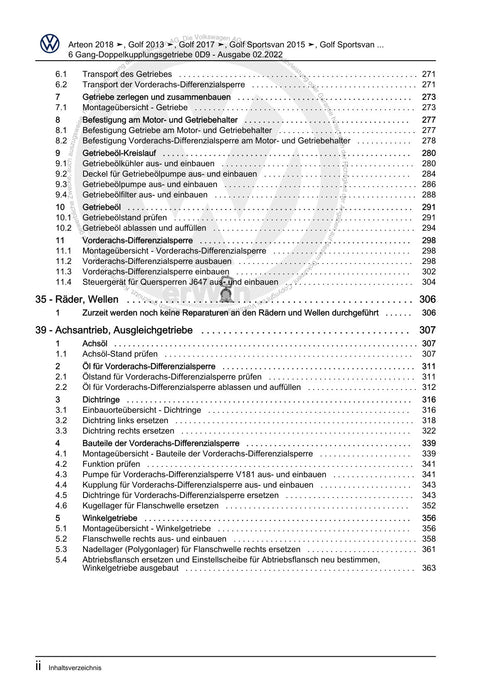 Arteon (2021+) Reparaturanleitung 6 Gang-Doppelkupplungsgetriebe 0D9