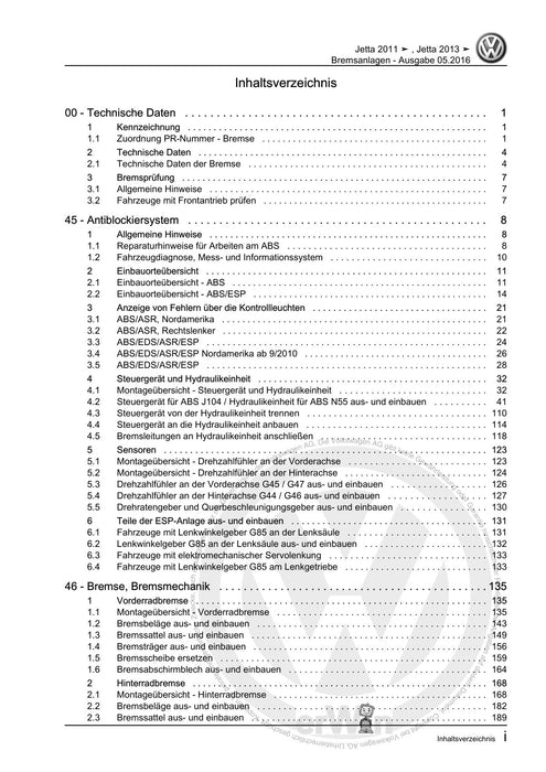 Jetta (2014+) Reparaturanleitung Bremsanlagen