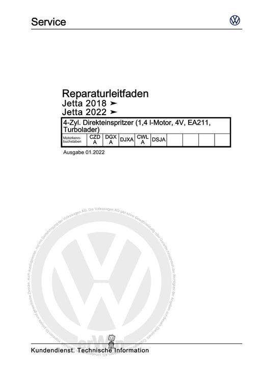 Jetta (2014+) Reparaturanleitung 4-Zyl. Direkteinspritzer (1,4 l-Motor, 4V, EA211, Turbolader)