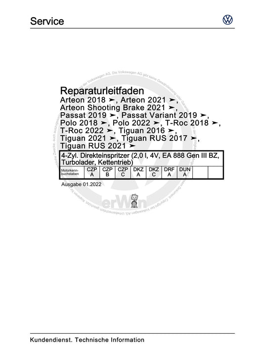 Polo 2022 Reparaturanleitung 4-Zyl. Direkteinspritzer (2,0 l, 4V, EA 888 Gen III BZ, Turbolader, Kettentrieb)