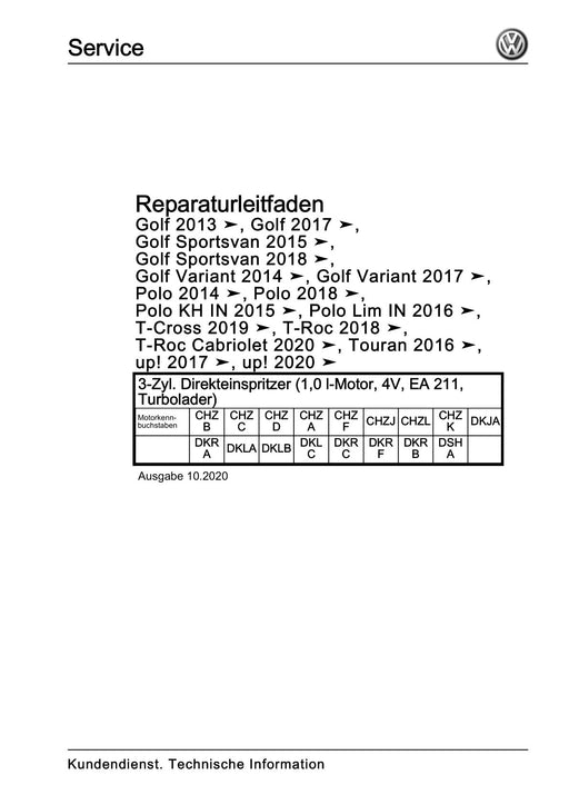 T-Roc (2018 - 2022) Reparaturanleitung 3-Zyl. Direkteinspritzer (1,0 l-Motor, 4V, EA 211, Turbolader)