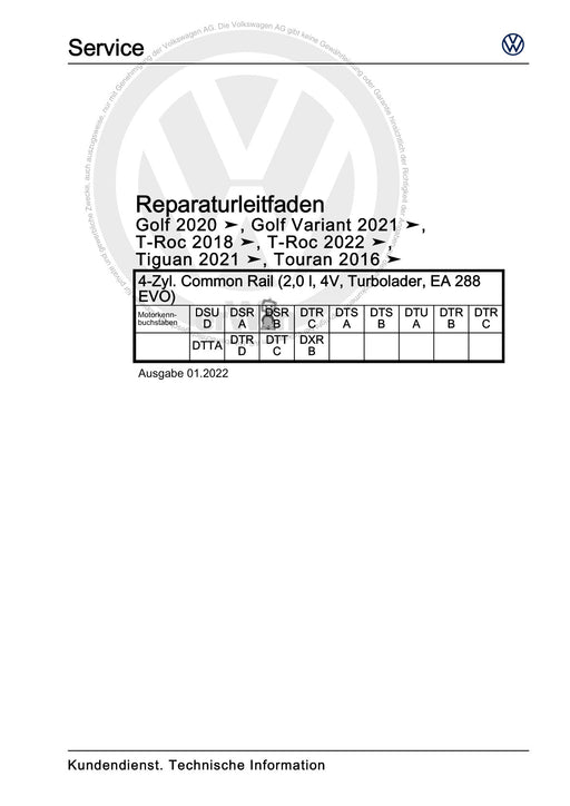 Golf VIII (2020+)+Golf-Variant-Sportsvan Reparaturanleitung 4-Zyl. Common Rail (2,0 l, 4V, Turbolader, EA 288 EVO)