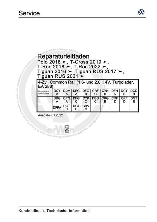 Polo 2018 - 2021 Reparaturanleitung 4-Zyl. Common Rail (1,6- und 2,0 l, 4V, Turbolader, EA 288)