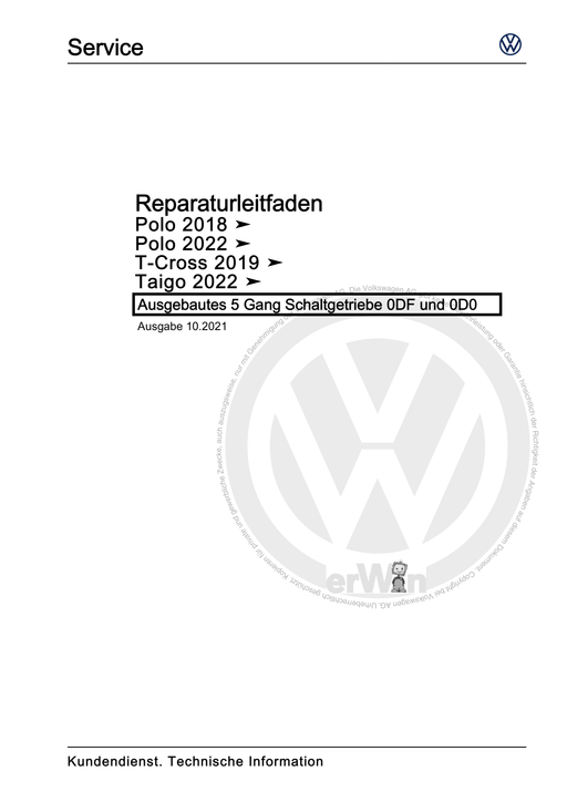 Polo (2018 - 2021) Reparaturanleitung Ausgebautes 5 Gang Schaltgetriebe 0DF und 0D0